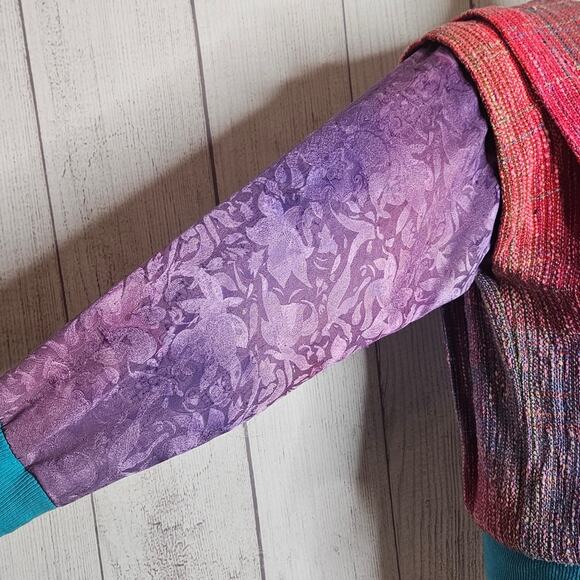 VTG 80s Ron Fritts Colorful Boucle Sweater With Purple Floral Sleeves, sz Large - Picture 3 of 8